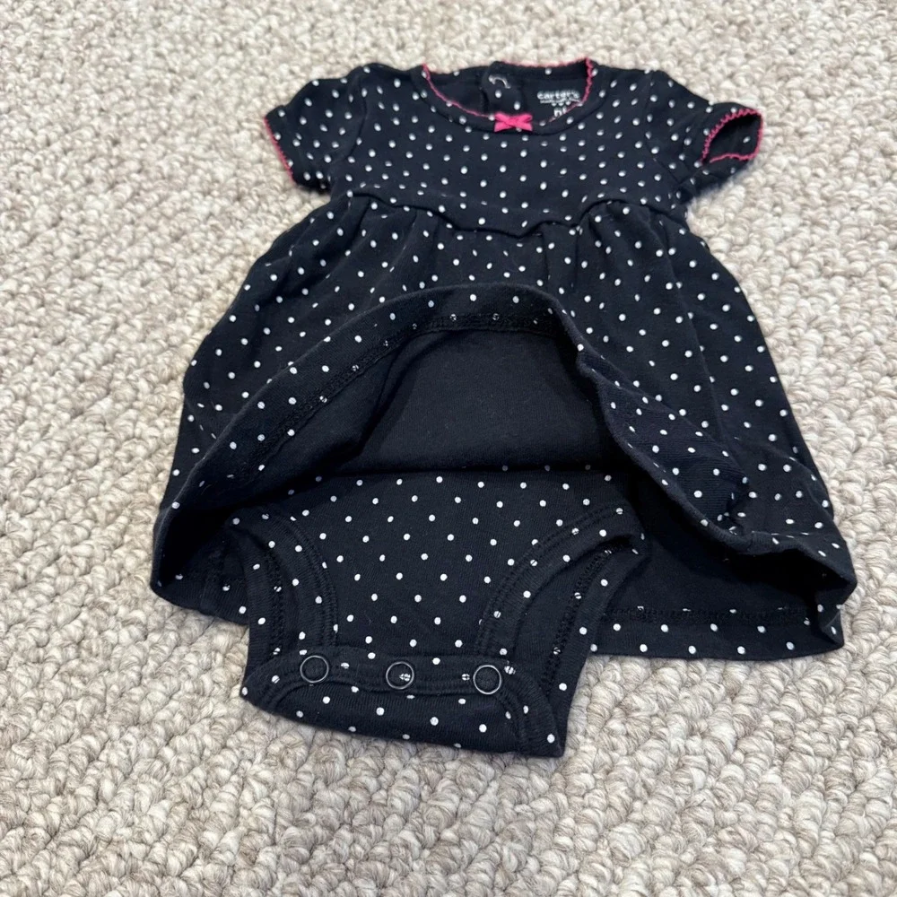 Carters‎ Newborn Black White Polka Dot Dress Bodysuit Pink Trim Bow Size Newborn